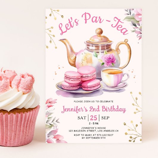 Invitation Tea Anniversaire Fille Rose Let's Par-Tea