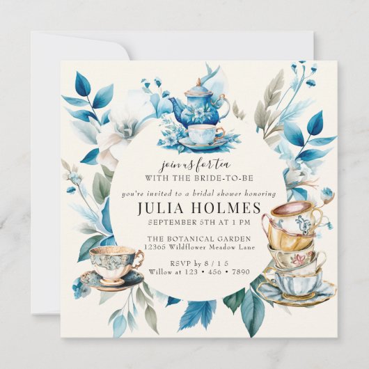 Invitation Tea aquarelle | Fête des mariées florale bleue (Devant)