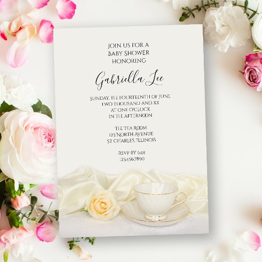 Invitation Tea Cup avec Baby shower Floral Rose Blanche