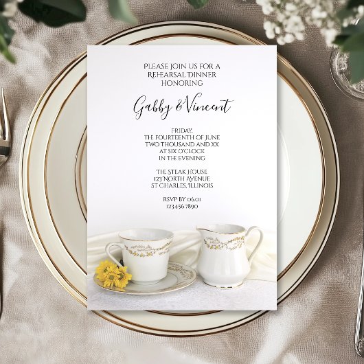 Invitation Tea Cup Daisées Jaunes Dîner de répétition Mariage