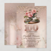 Invitation Tea Cup Flowers Parties scintillant Rose Gold 100e (Devant / Derrière)
