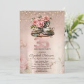 Invitation Tea Cup Flowers Parties scintillant Rose Gold 35e  (Debout devant)