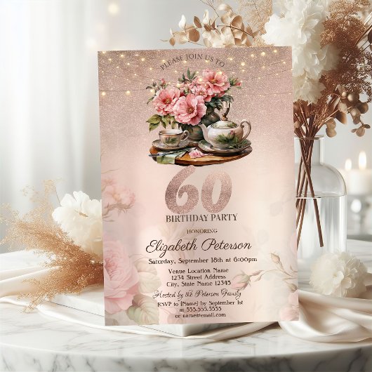 Invitation Tea Cup Flowers Parties scintillant Rose Gold 60e 