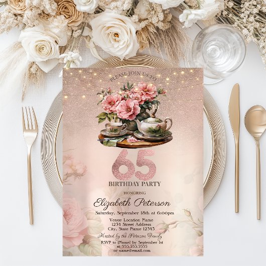 Invitation Tea Cup Flowers Parties scintillant Rose Gold 65e