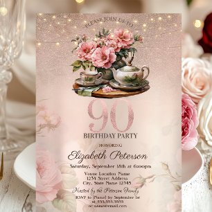 Invitation Tea Cup Flowers Parties scintillant Rose Gold 90e