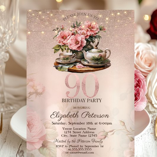 Invitation Tea Cup Flowers Parties scintillant Rose Gold 90e 