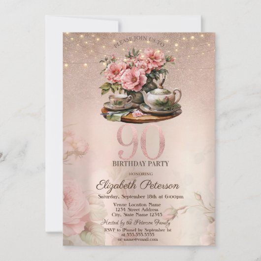 Invitation Tea Cup Flowers Parties scintillant Rose Gold 90e  (Devant)