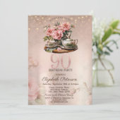 Invitation Tea Cup Flowers Parties scintillant Rose Gold 90e  (Debout devant)