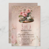 Invitation Tea Cup Flowers Parties scintillant Rose Gold 90e  (Devant / Derrière)
