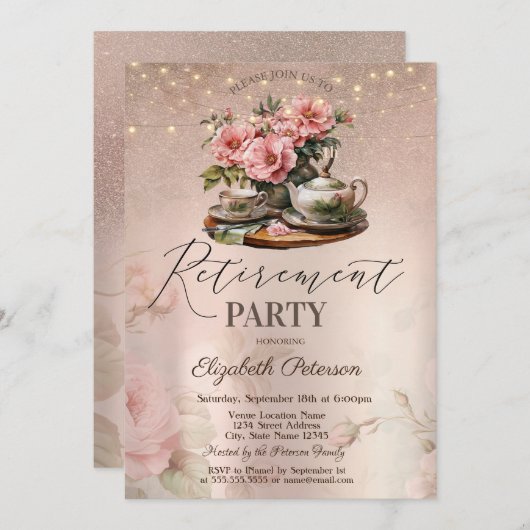 Invitation Tea Cup Flowers Parties scintillant Rose Gold Retr (Devant / Derrière)