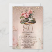 Invitation Tea Cup Flowers Parties scintillant Rose or 80e an (Devant)