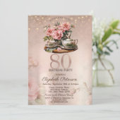 Invitation Tea Cup Flowers Parties scintillant Rose or 80e an (Debout devant)