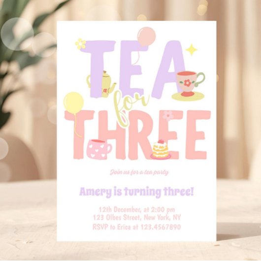 Invitation Tea For Three Birthday Pink Pastel Tea Party