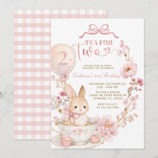 Invitation Tea for Two 2nd Birthday Bunny Spring Pink  (Devant / Derrière)