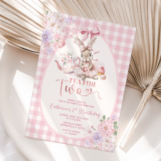 Invitation Tea For Two Easter Bunny Pink Gingham 2nd Birthday