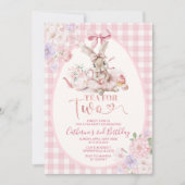 Invitation Tea For Two Easter Bunny Pink Gingham 2nd Birthday (Devant)