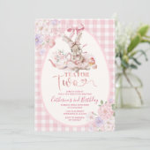 Invitation Tea For Two Easter Bunny Pink Gingham 2nd Birthday (Debout devant)