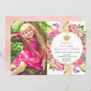 Invitation Tea for Two, Girl 2e anniversaire photo florale