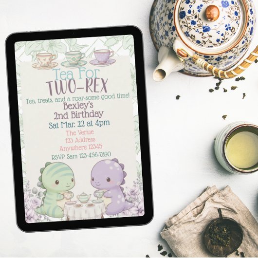 Invitation Tea for Two-Rex Pastel Dinosaur 2nd Birthday