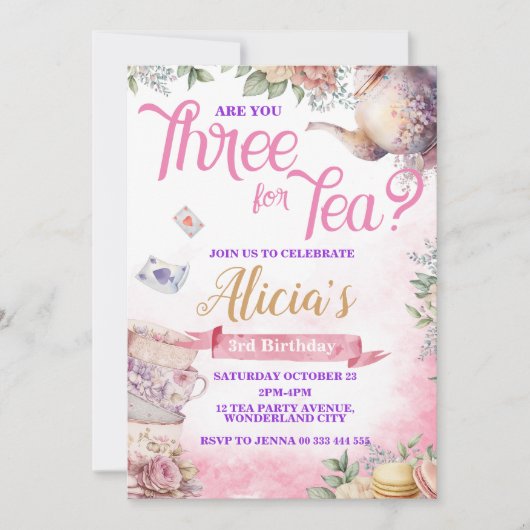 Invitation Tea Party 3e anniversaire, Tea Time Party (Devant)