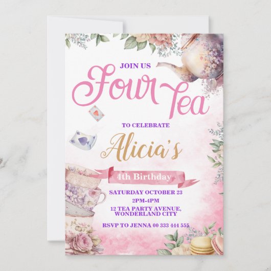 Invitation Tea Party 4e anniversaire, Tea Time Party (Devant)