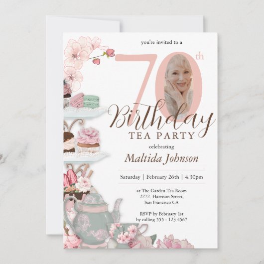 Invitation Tea Party 70e anniversaire rose florale photo pers (Devant)