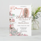 Invitation Tea Party 70e anniversaire rose florale photo pers (Debout devant)