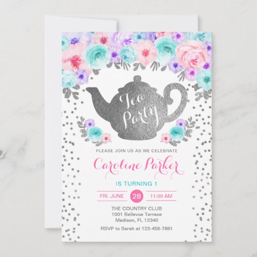 Invitation Tea Party Anniversaire - Argent Blanc Turquoise Ro (Devant)