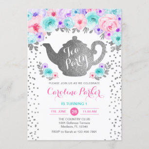 Invitation Tea Party Anniversaire - Argent Blanc Turquoise Ro