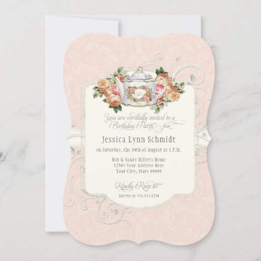 Invitation Tea Party Anniversaire de fête Aquarelle Rose élég (Devant)