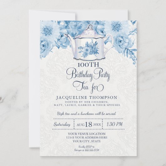 Invitation Tea Party Anniversaire Dusty Bleu Blanc Floral Tea (Devant)