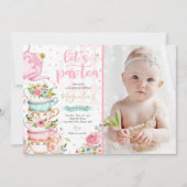 Invitation Tea Party Anniversaire Fille Rose & Or Floral Par  (Devant)
