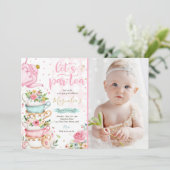 Invitation Tea Party Anniversaire Fille Rose & Or Floral Par  (Debout devant)