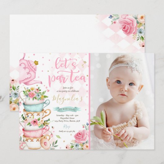 Invitation Tea Party Anniversaire Fille Rose & Or Floral Par  (Devant / Derrière)