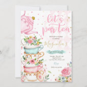 Invitation Tea Party Anniversaire Fille Rose & Or Floral Par  (Devant)