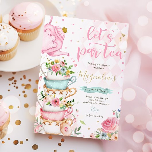 Invitation Tea Party Anniversaire Fille Rose & Or Floral Par 