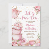 Invitation Tea Party Anniversaire Fille Rose & Or Floral Par (Devant)