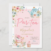 Invitation Tea Party Anniversaire Fille Rose & Or Floral Par  (Devant)