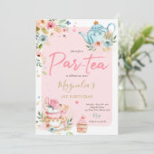 Invitation Tea Party Anniversaire Fille Rose & Or Floral Par  (Debout devant)
