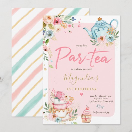 Invitation Tea Party Anniversaire Fille Rose & Or Floral Par  (Devant / Derrière)