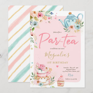 Invitation Tea Party Anniversaire Fille Rose & Or Floral Par 
