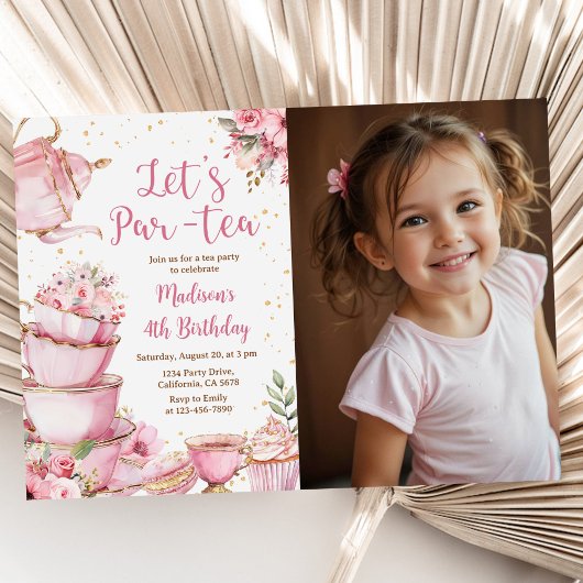 Invitation Tea Party Anniversaire fille rose & or photo flora