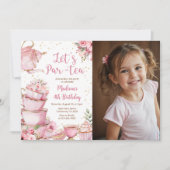 Invitation Tea Party Anniversaire fille rose & or photo flora (Devant)