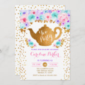 Invitation Tea Party Anniversaire - Gold rose Turquoise viole (Devant / Derrière)