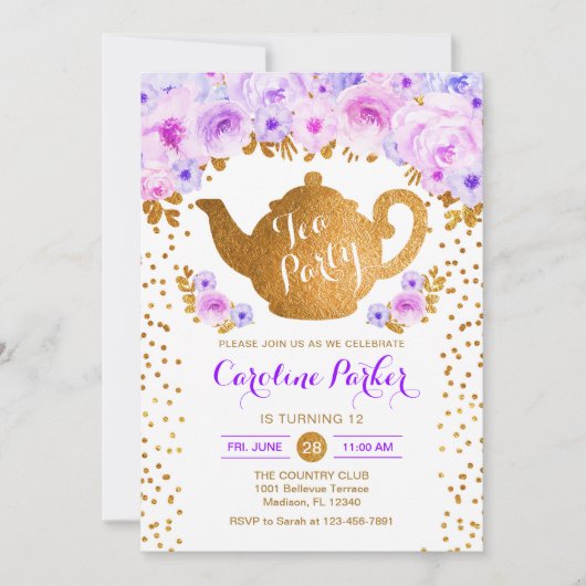 Invitation Tea Party Anniversaire - Gold White Purple (Devant)
