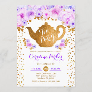 Invitation Tea Party Anniversaire - Gold White Purple