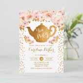 Invitation Tea Party Anniversaire - Gold White Rose Floral (Debout devant)