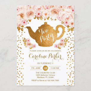 Invitation Tea Party Anniversaire - Gold White Rose Floral