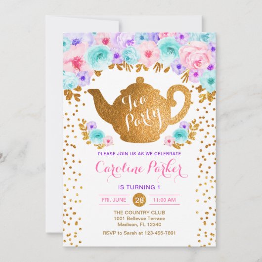 Invitation Tea Party Anniversaire - Gold White Rose Turquoise (Devant)