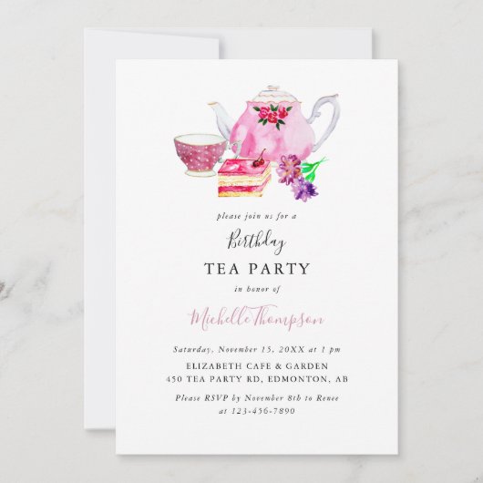 Invitation Tea Party Anniversaire Pink Teapot Script Aquarell (Devant)